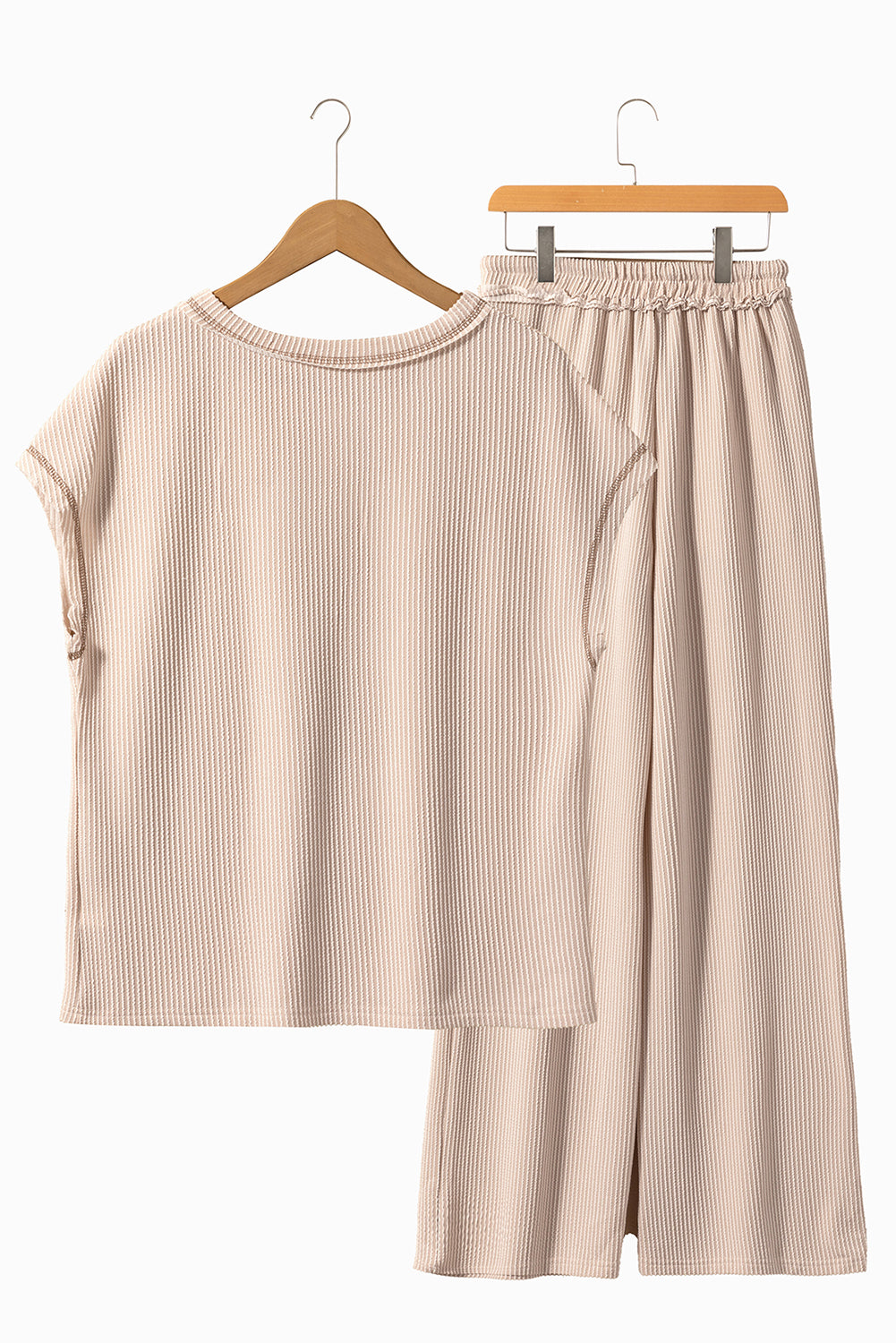 Parchment Exposed Seam Ribbed Tee and Pants Two-piece Outfit