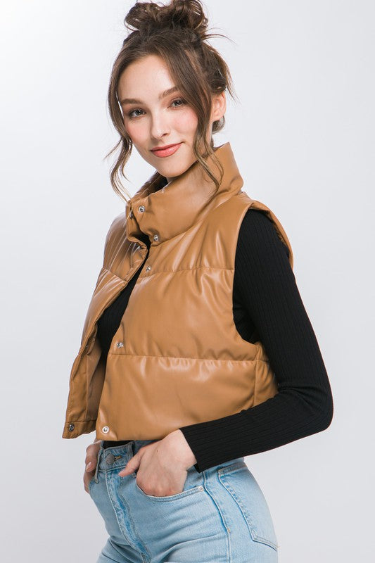 Faux Leather Puffer Vest with Snap Button