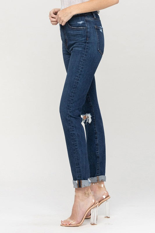 VERVET Distressed Roll Up Stretch Mom Jeans