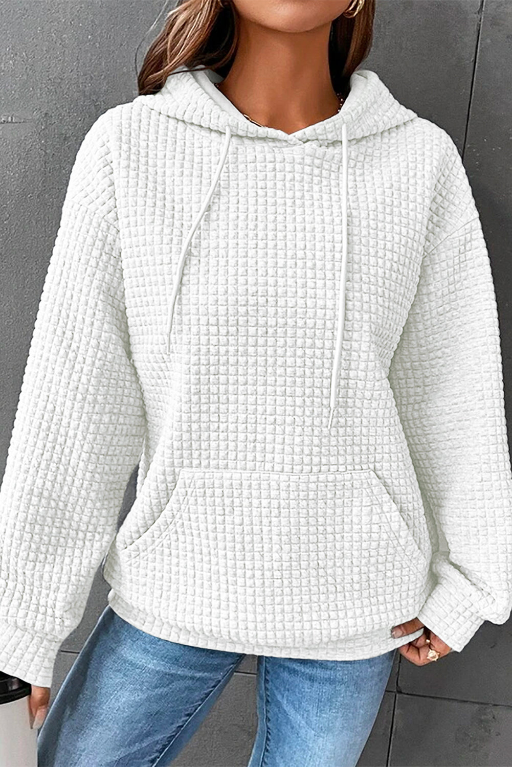 White Quilted Drawstring Hoodie