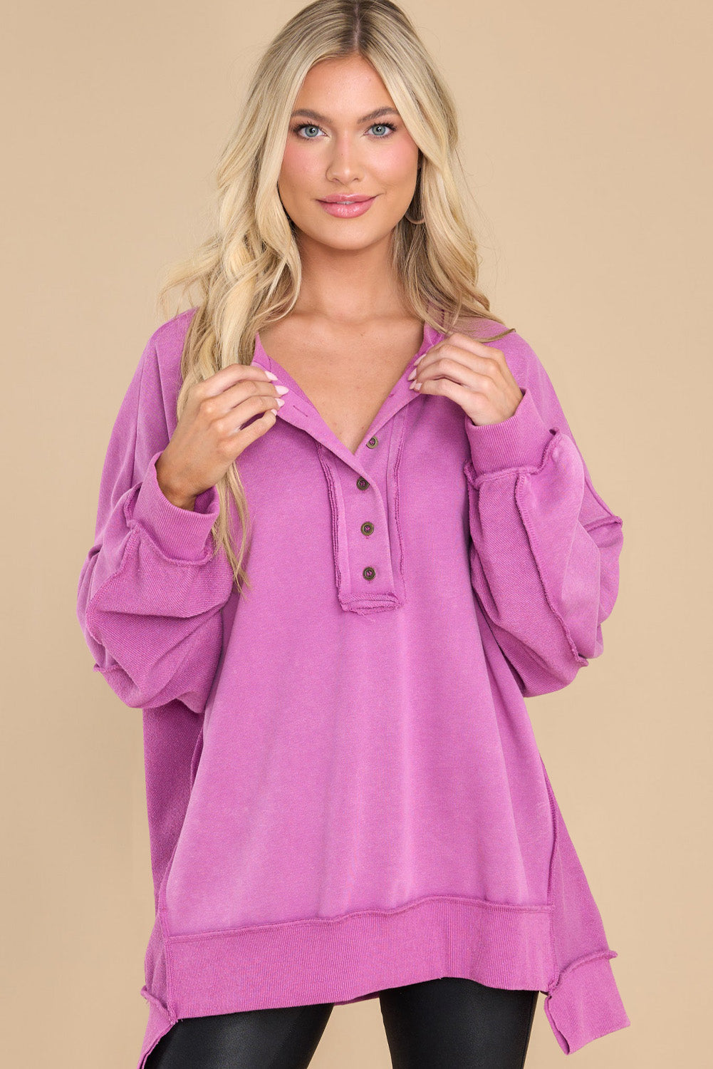 Purple Orchid Exposed Seam Henley Sweatshirt