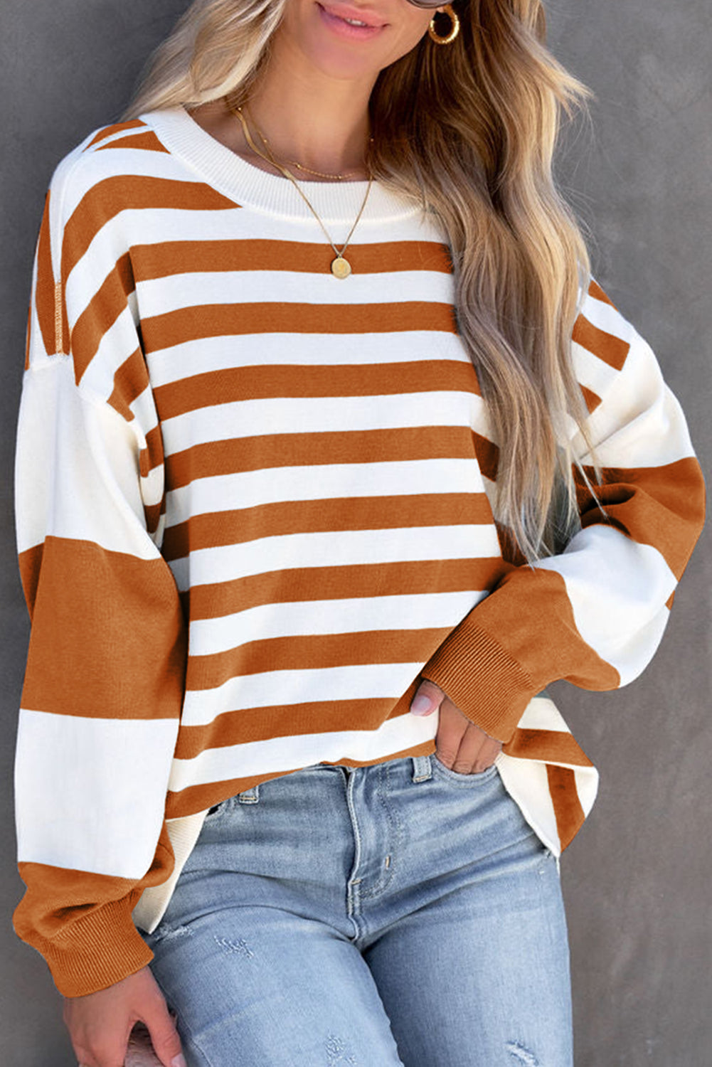 Brown Striped Pullover Sweatshirt
