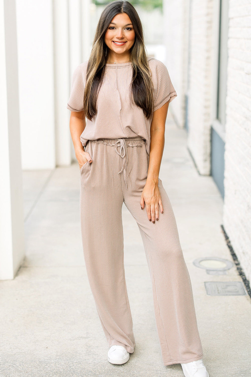 Parchment Exposed Seam Ribbed Tee and Pants Two-piece Outfit