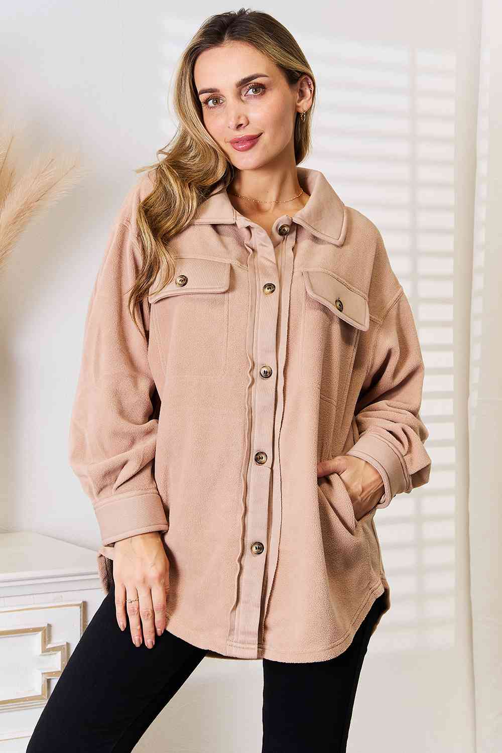 Light Apricot Cozy Girl Button Down Shacket