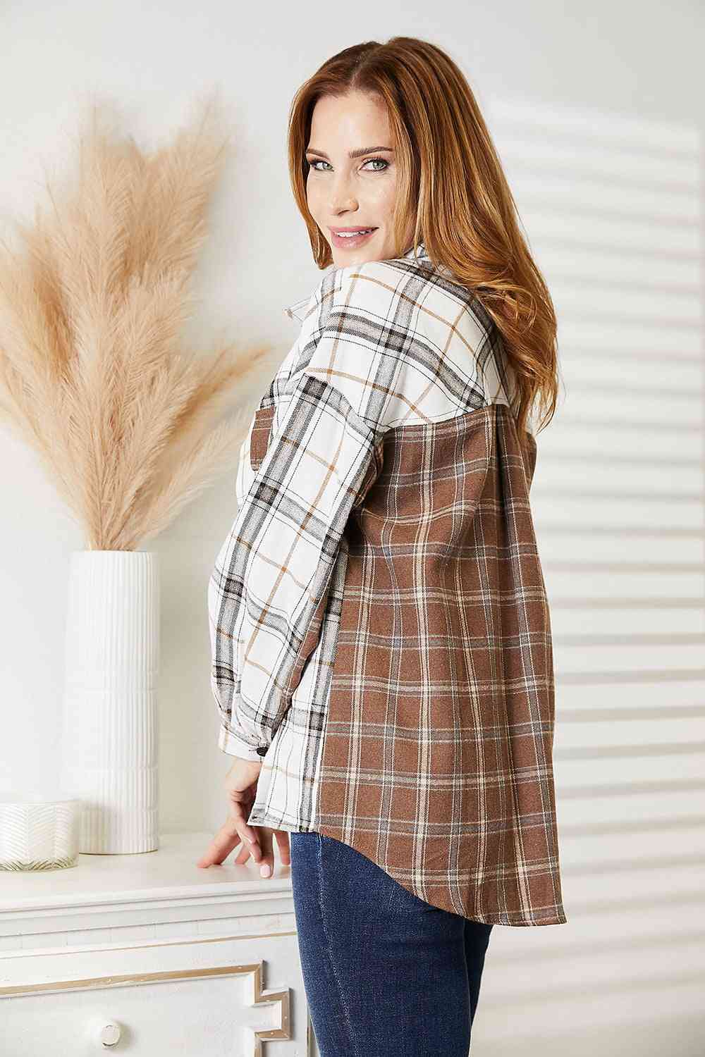 Double Take Plaid Contrast Button Up Shacket